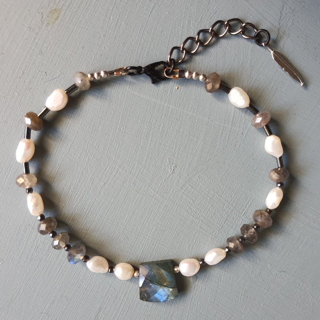 Labradorite, Freshwater Pearl & Black Spinel Gemstone Anklet