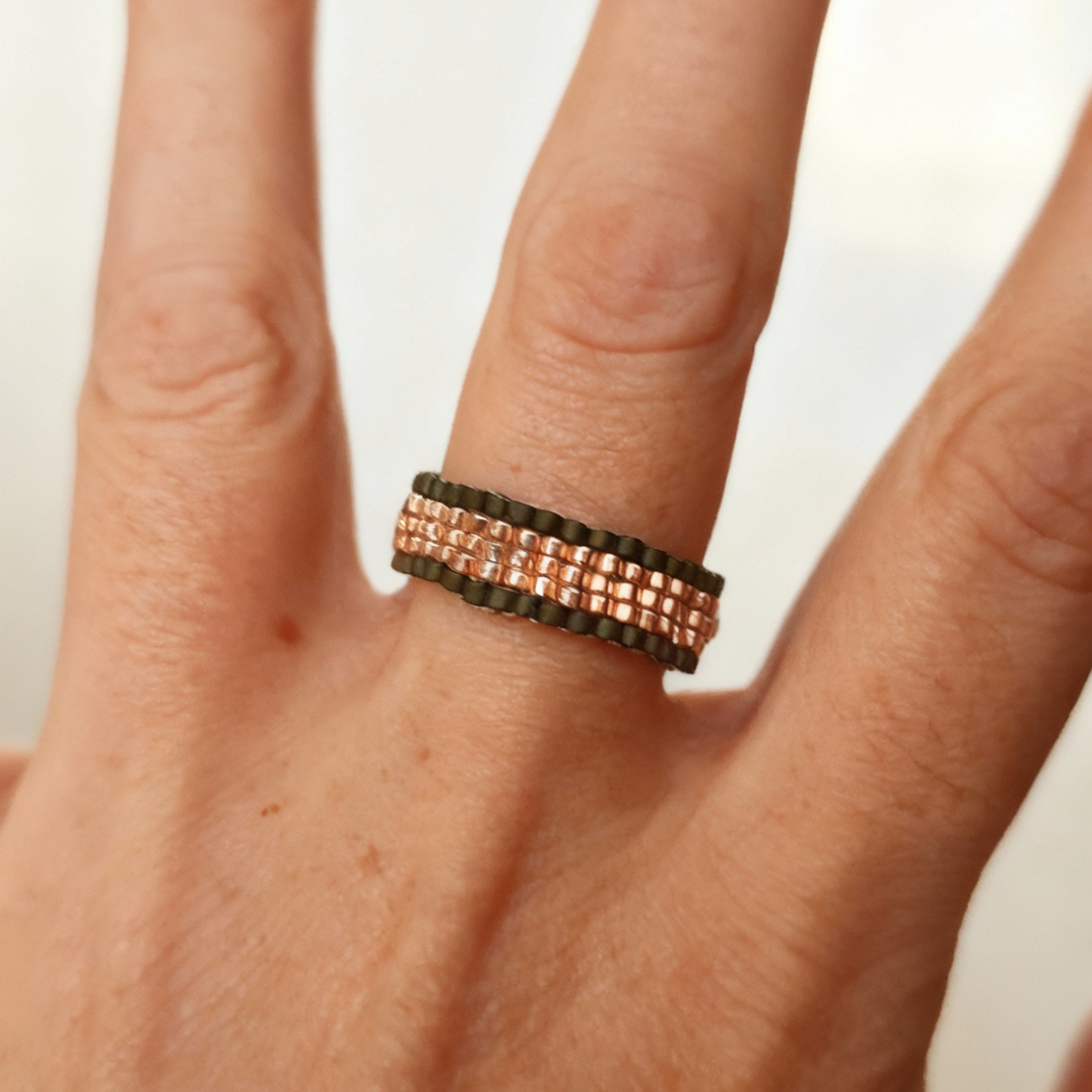 Rose Gold & Deep Olive Beaded Ring