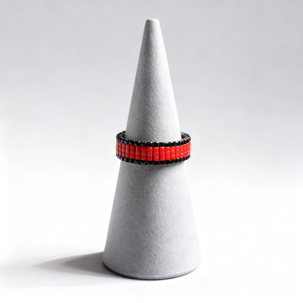 Fire Red & Black Beaded Ring