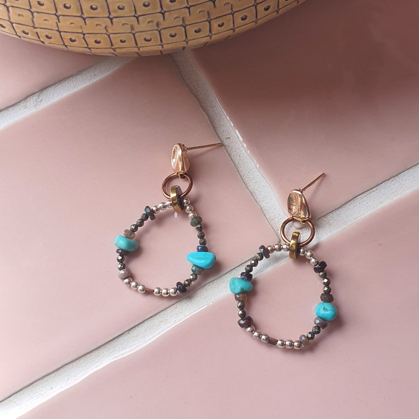 Turquoise, Opal, Pyrite & Silver beaded Hoop Earrings