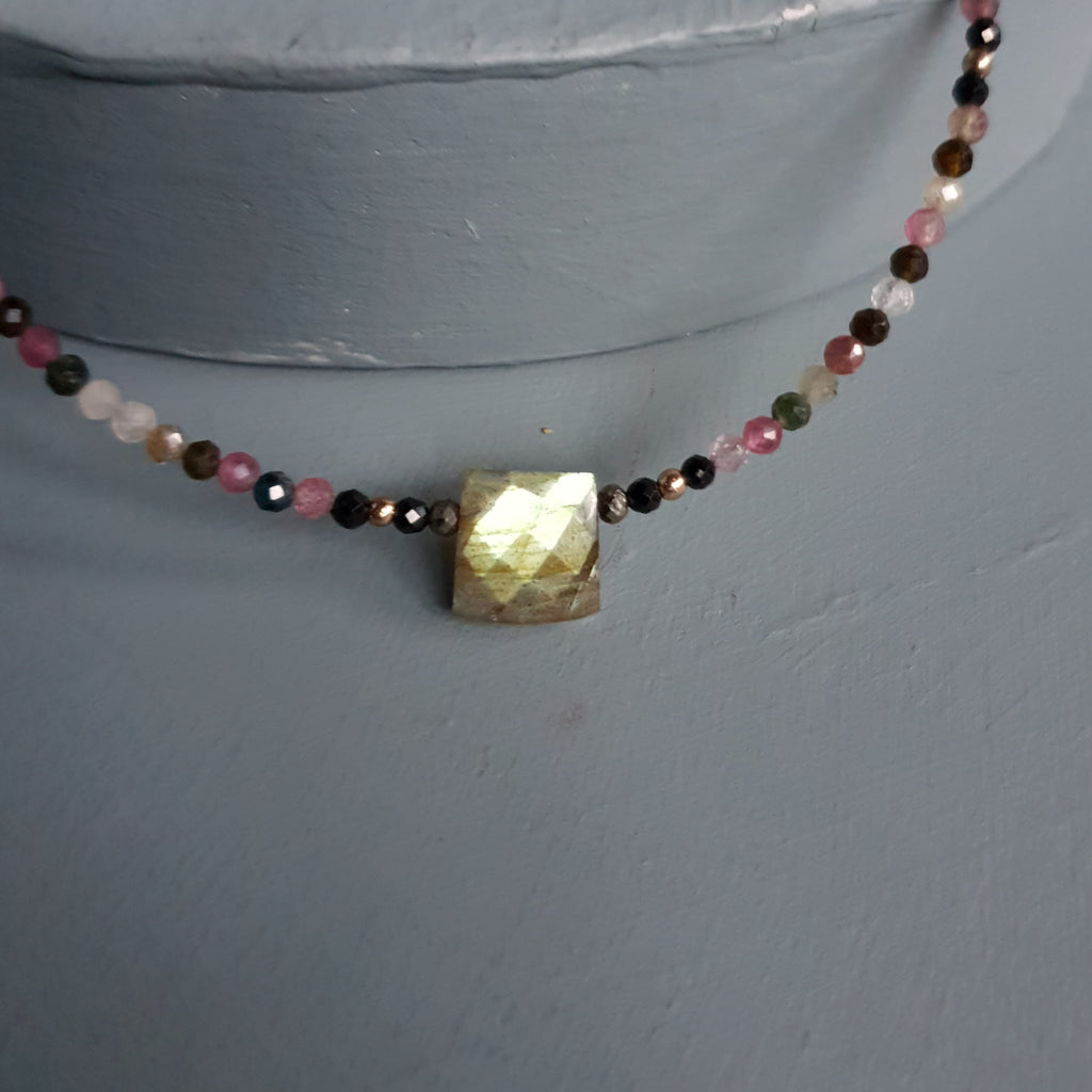 Golden Flash Labradorite Cuboid & Mixed Tourmaline Gemstone Necklace