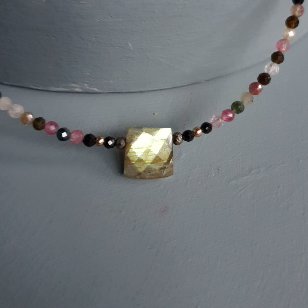 Golden Flash Labradorite Cuboid & Mixed Tourmaline Gemstone Necklace