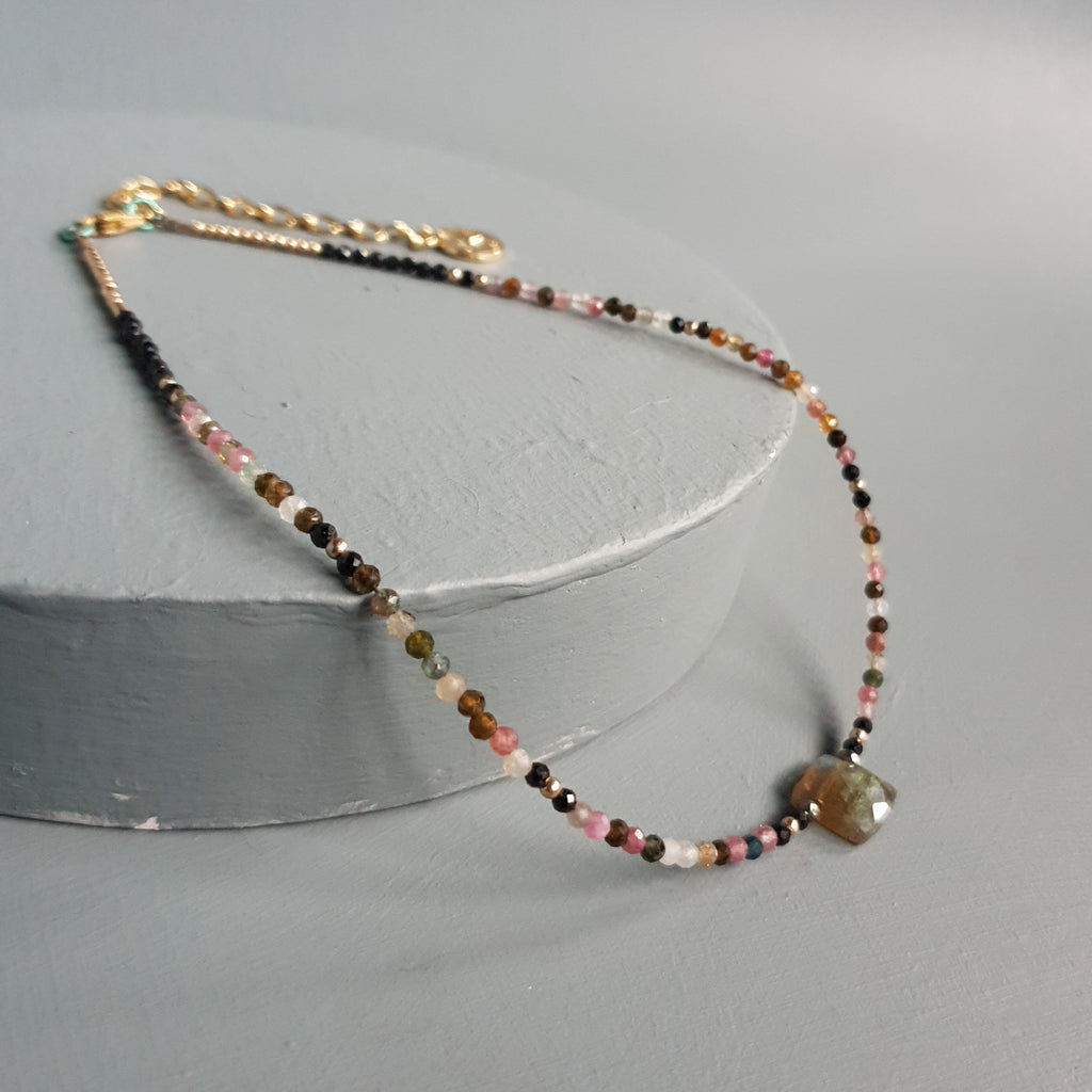 Golden Flash Labradorite Cuboid & Mixed Tourmaline Gemstone Necklace
