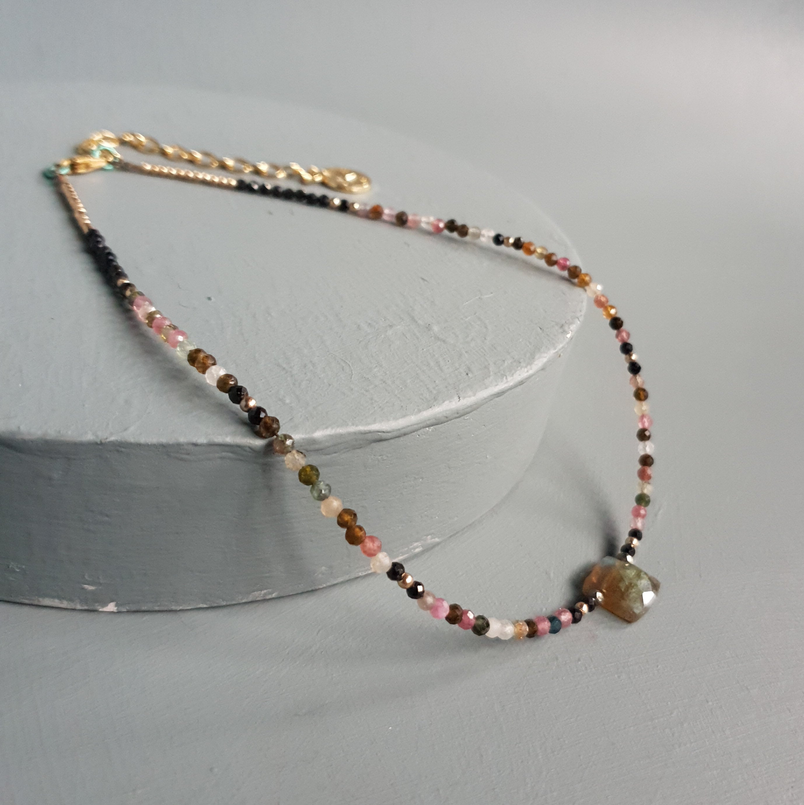 Golden Flash Labradorite Cuboid & Mixed Tourmaline Gemstone Necklace