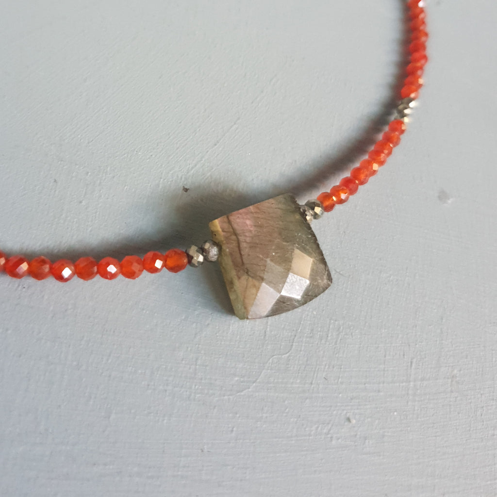 Pink-Gold Flash Labradorite Centrepiece Necklace with Carnelian, Pyrite & Hamsa Charm