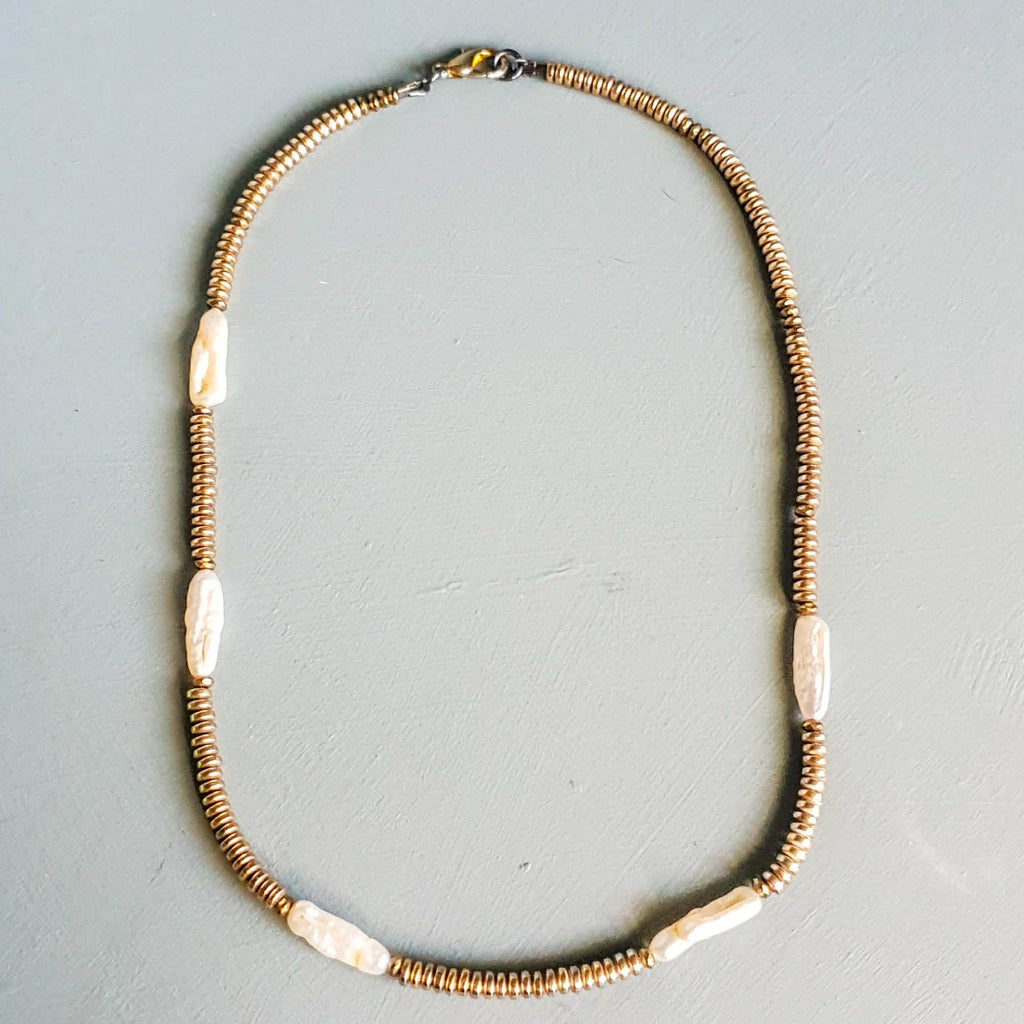 Metallic Hematite, Pyrite & Freshwater Pearl Statement Necklace