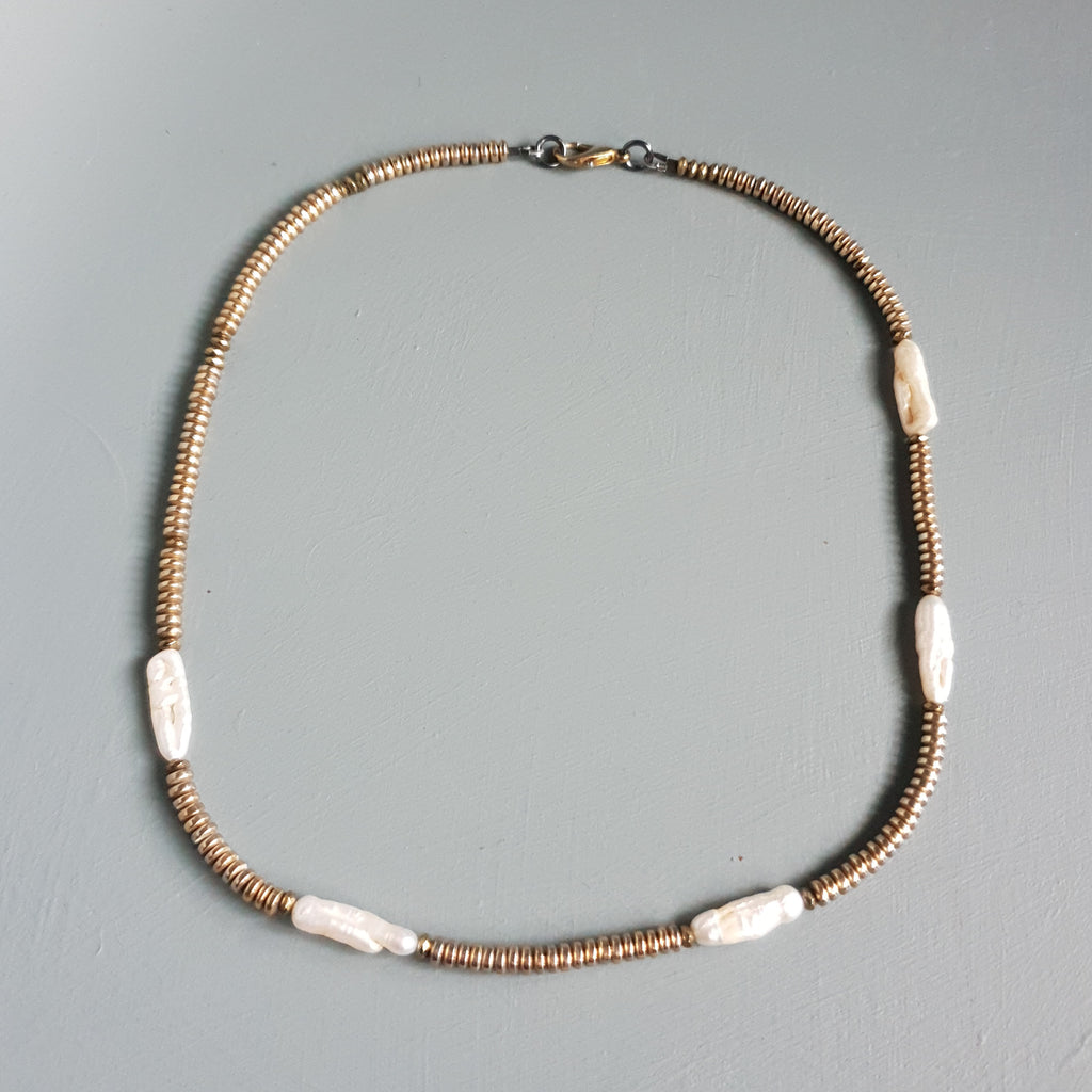 Metallic Hematite, Pyrite & Freshwater Pearl Statement Necklace