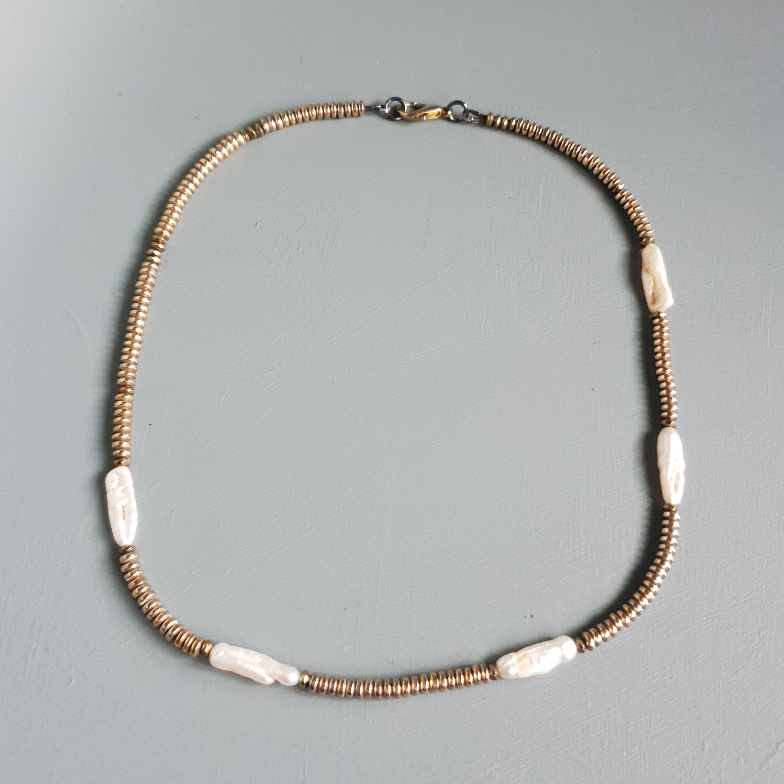 Metallic Hematite, Pyrite & Freshwater Pearl Statement Necklace