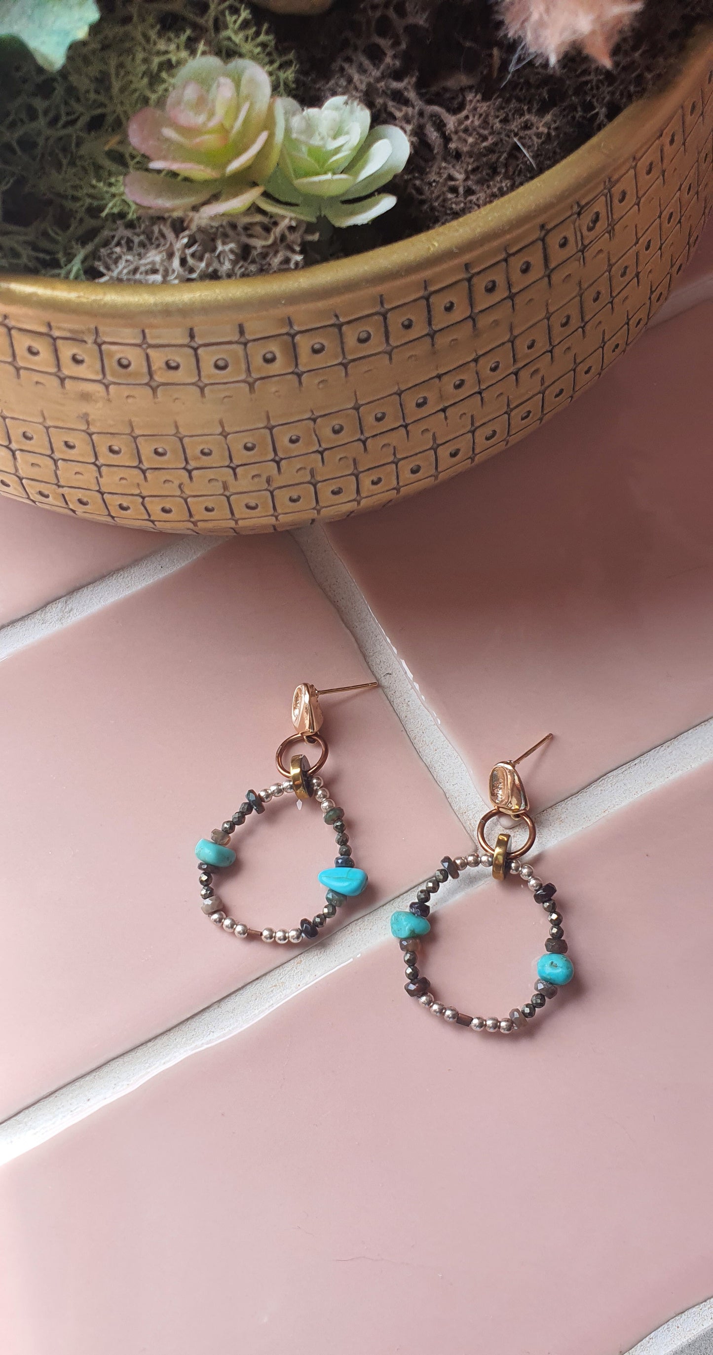 Turquoise, Opal, Pyrite & Silver beaded Hoop Earrings