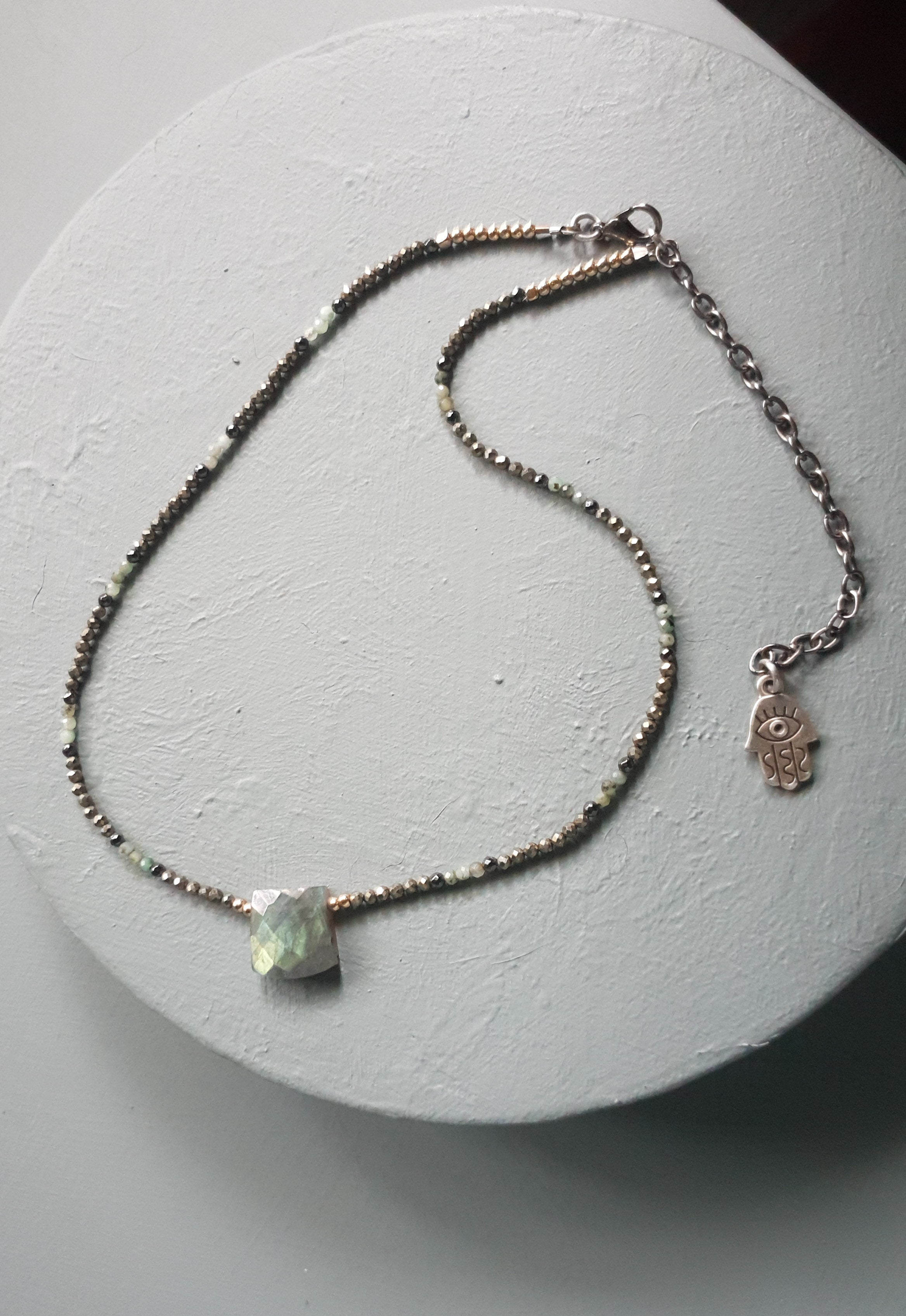 Green Labradorite Cuboid, Pale Emerald & Black Spinel Gemstone Anklet