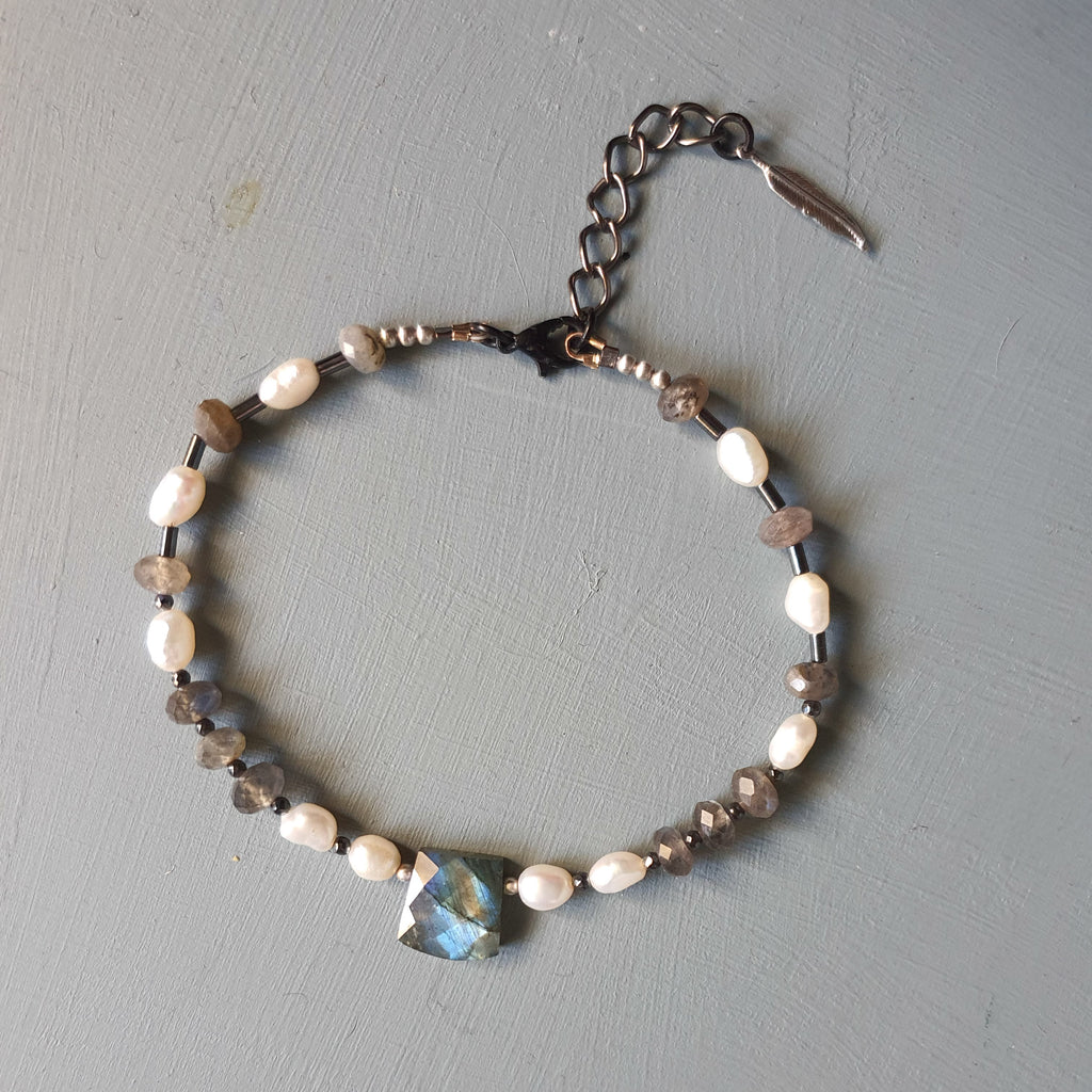 Labradorite, Freshwater Pearl & Black Spinel Gemstone Anklet