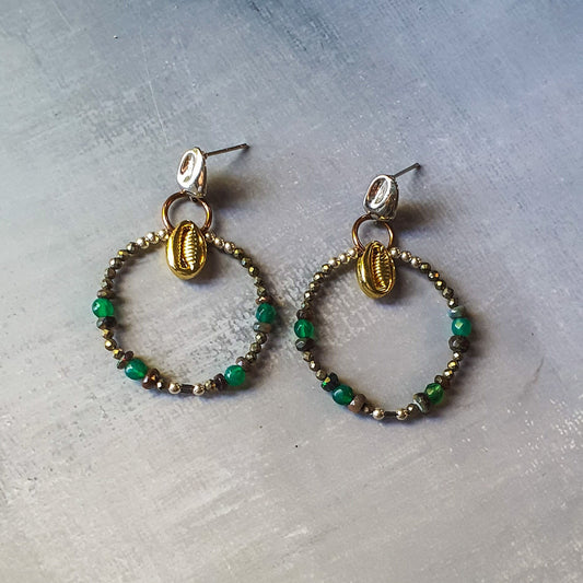 Emerald Hoops with Pyrite and Opal Earrings