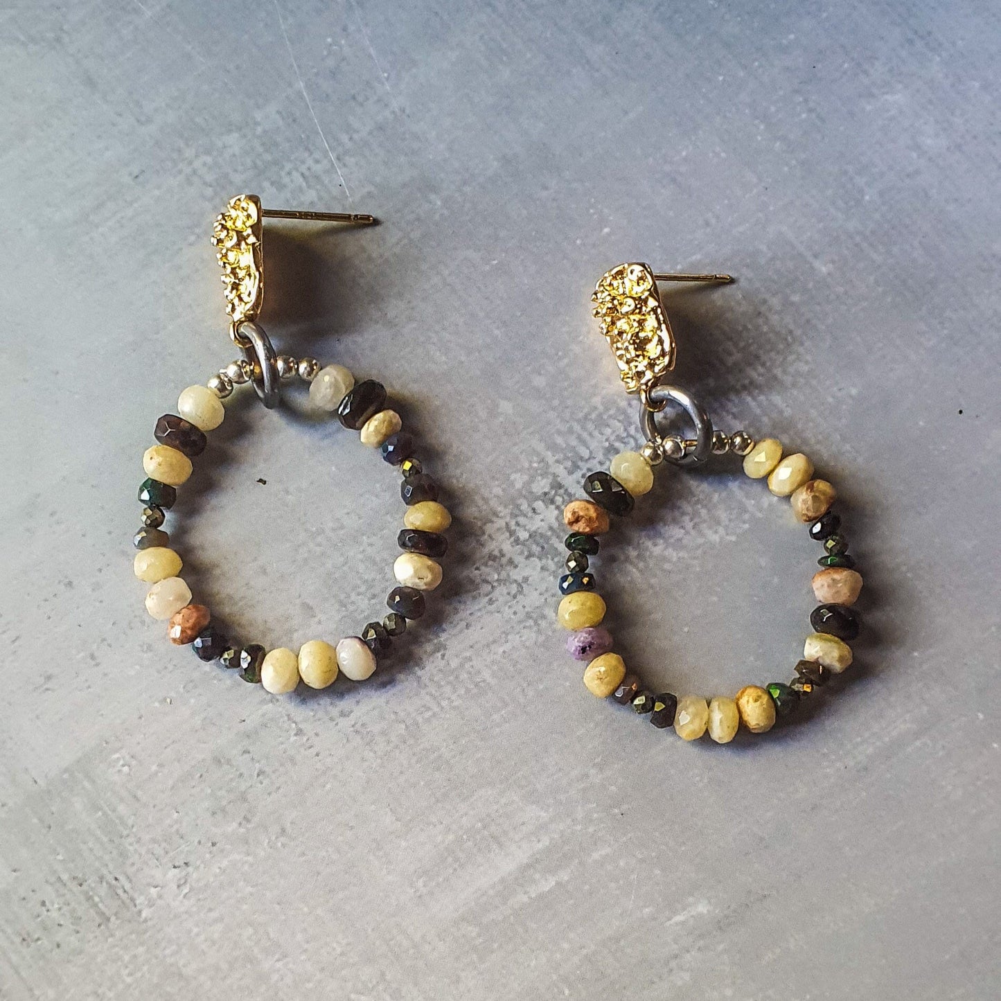 Opal, Pyrite & Silver beaded Hoop Earrings