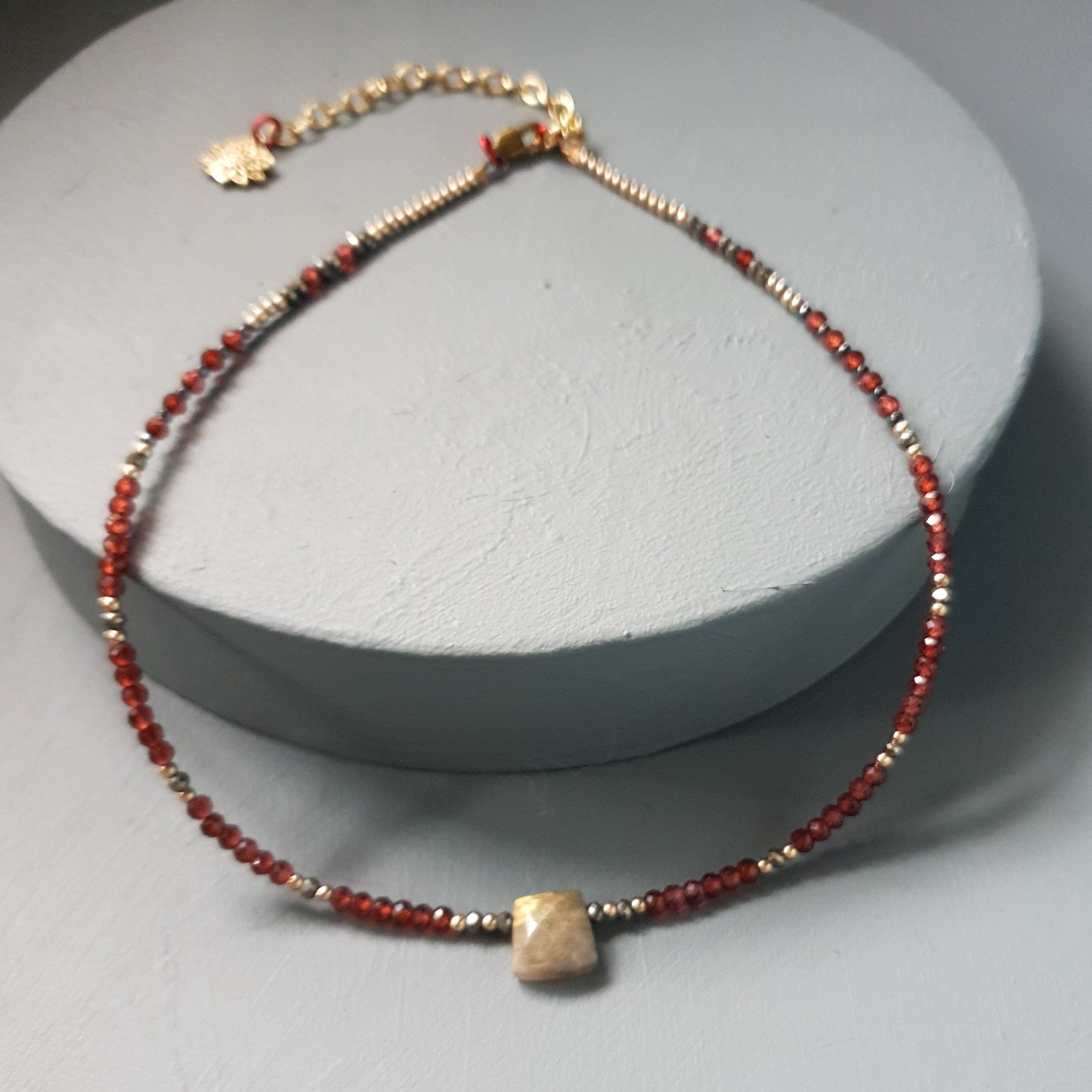 Golden Faceted Centre Stone, Garnet & Pyrite Gemstone Necklace