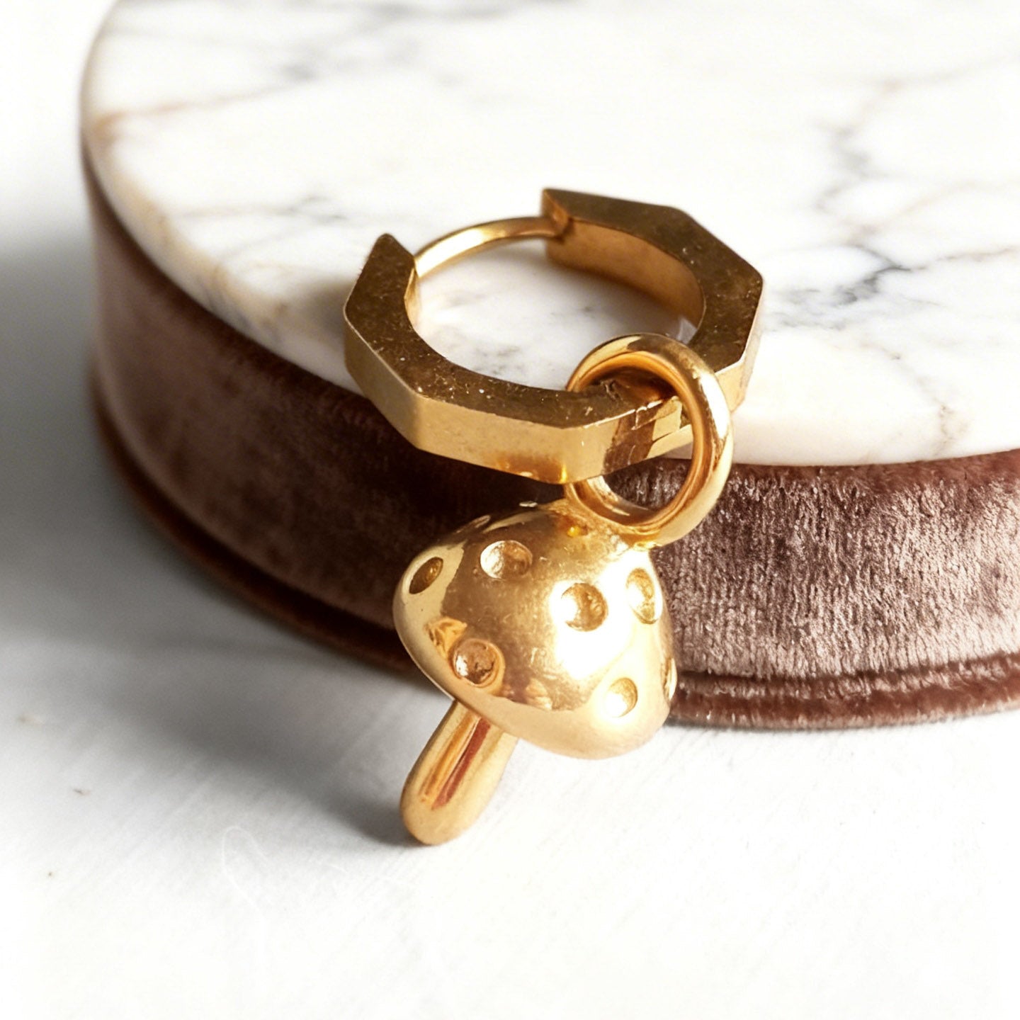Gold Toadstool Charm Statement Hex Huggie