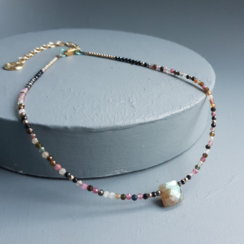 Golden Flash Labradorite Cuboid & Mixed Tourmaline Gemstone Necklace