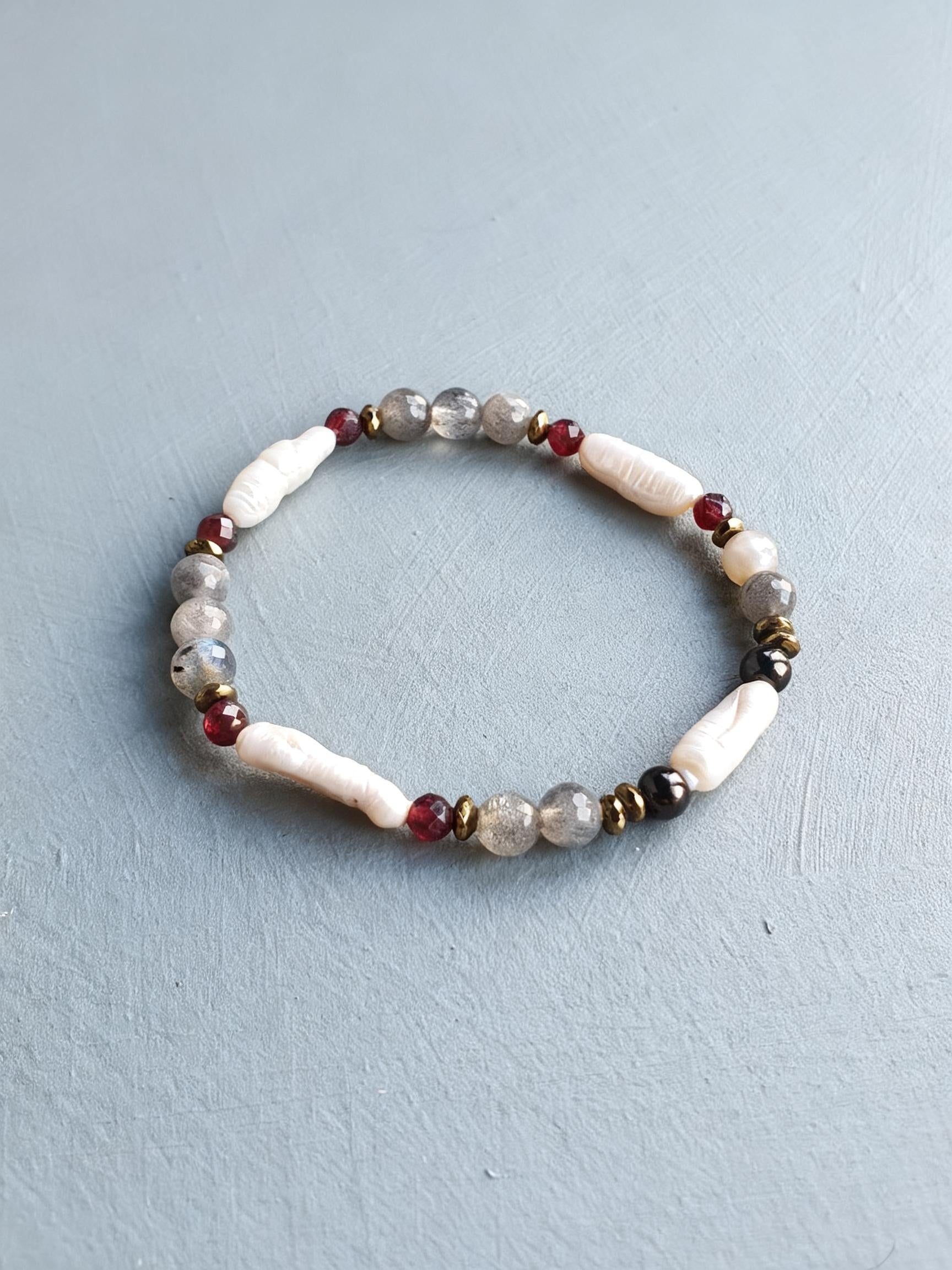 Labradorite Garnet Pyrite Freshwater Pearl Beaded Stretch Bracelet