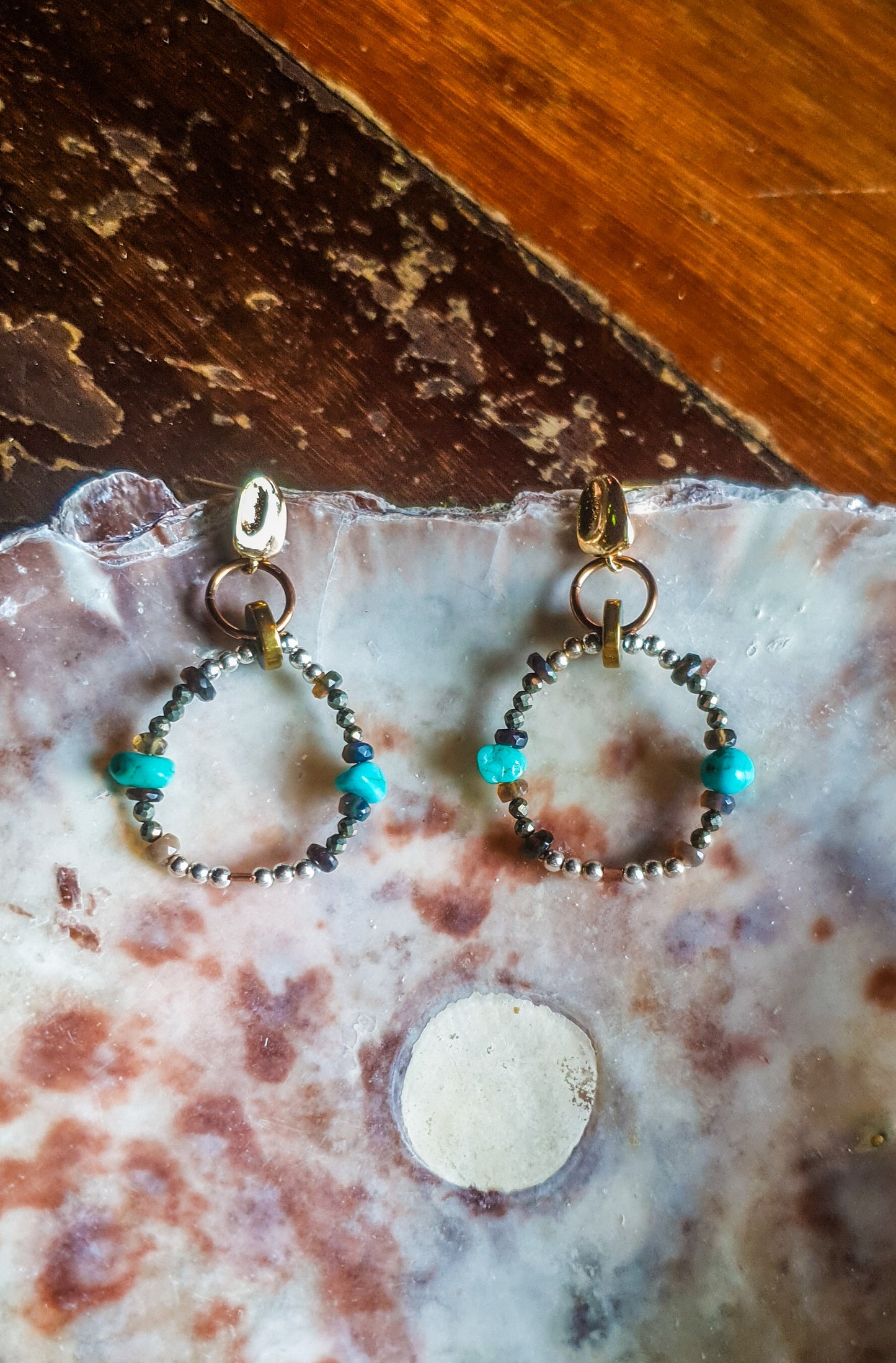 Turquoise, Opal, Pyrite & Silver beaded Hoop Earrings