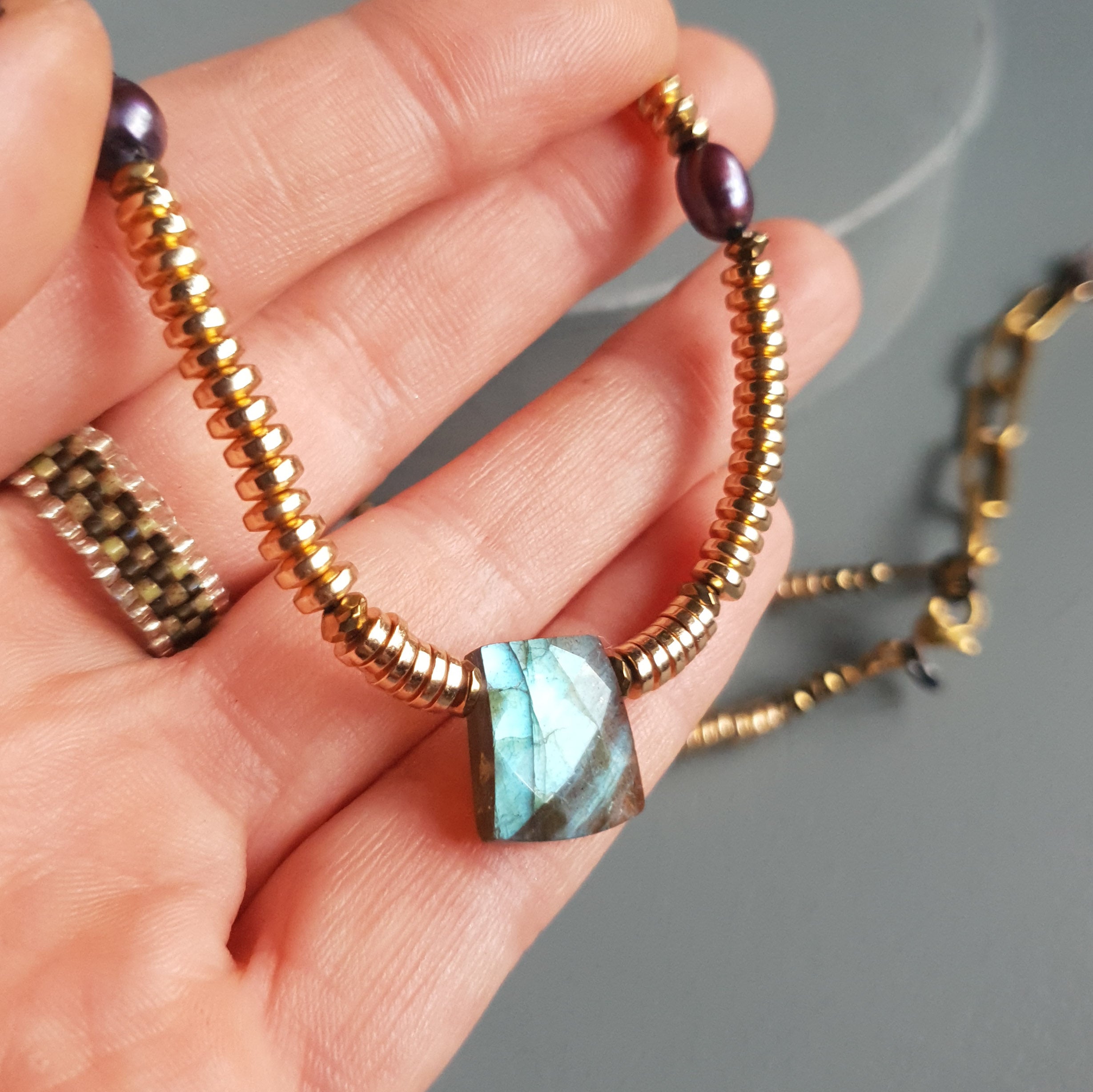 Labradorite, Baroque Pearl & Golden Hematite Necklace II