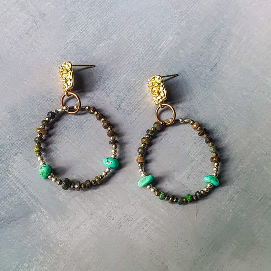 Black Opal, Pyrite & Turquoise Hooped Earrings