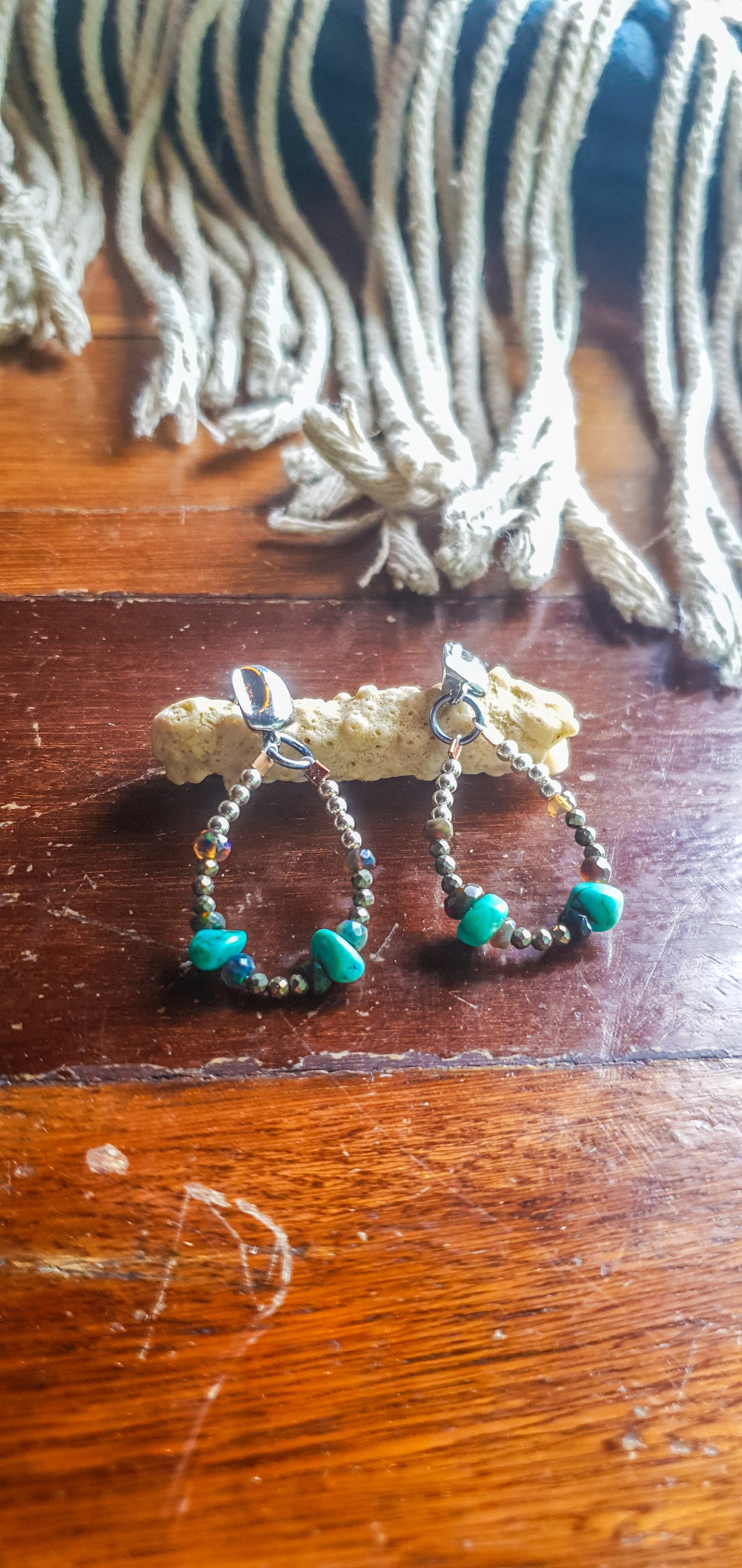 Turquoise, Black Opal & Pyrite Hoop Earrings