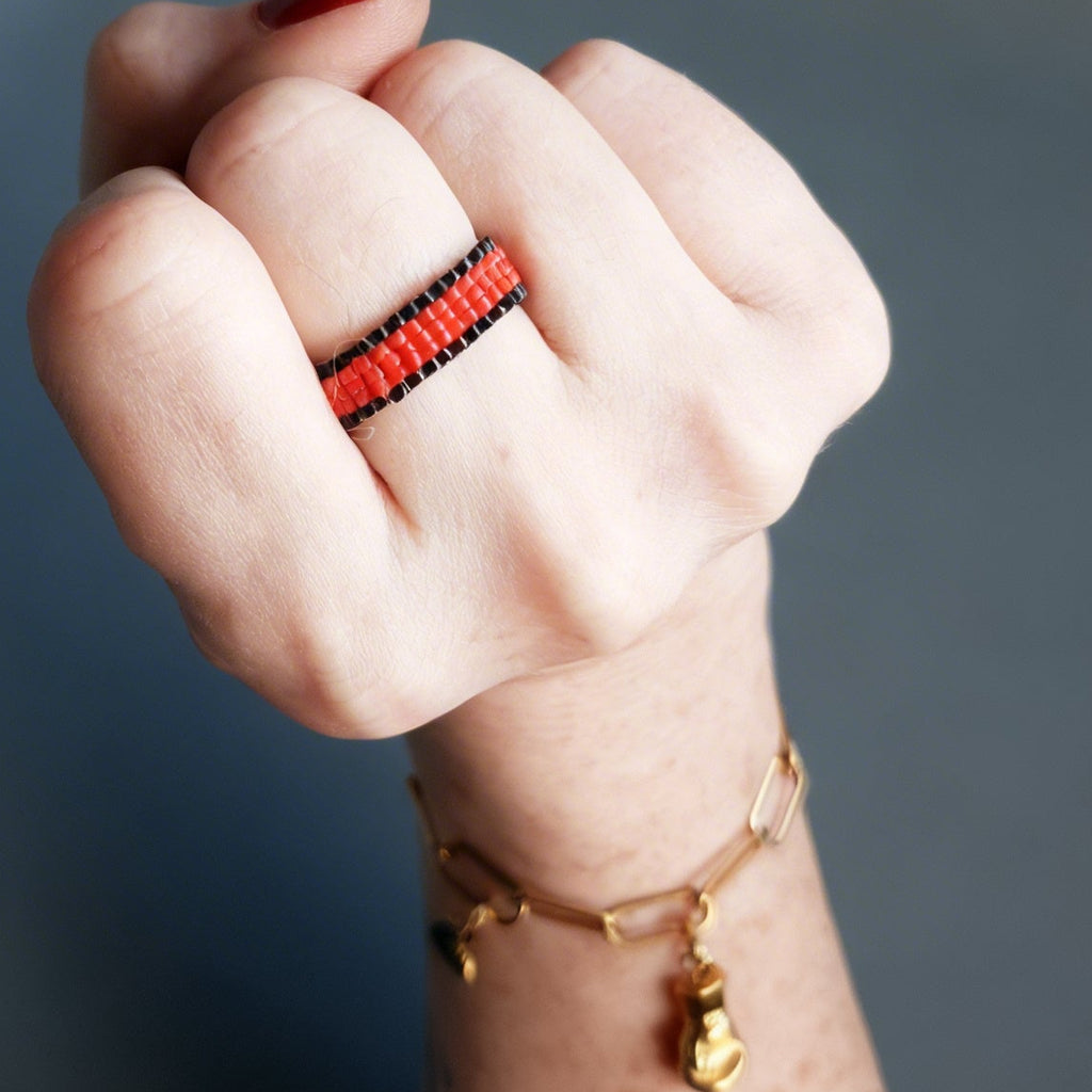 Fire Red & Black Beaded Ring