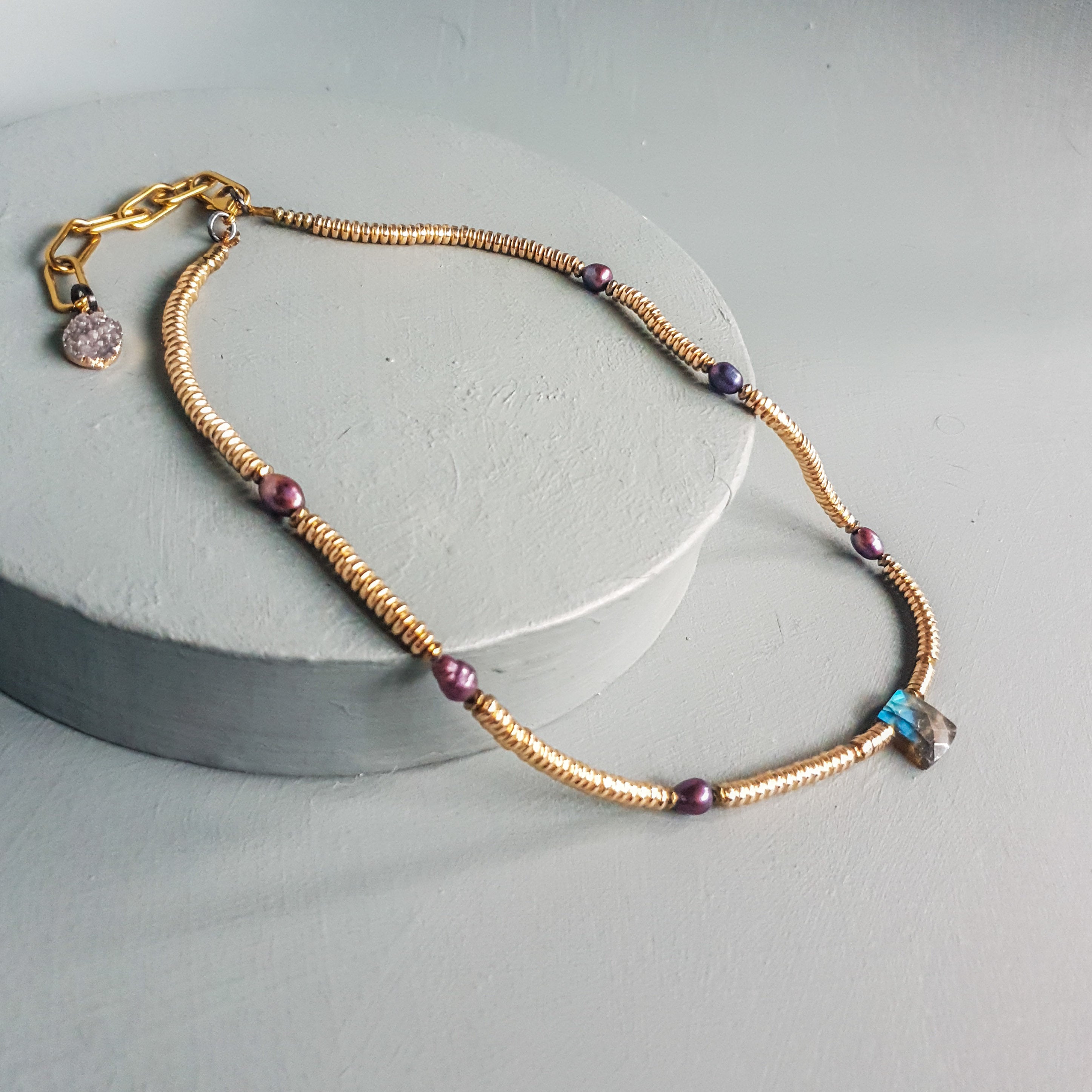 Labradorite, Baroque Pearl & Golden Hematite Necklace II