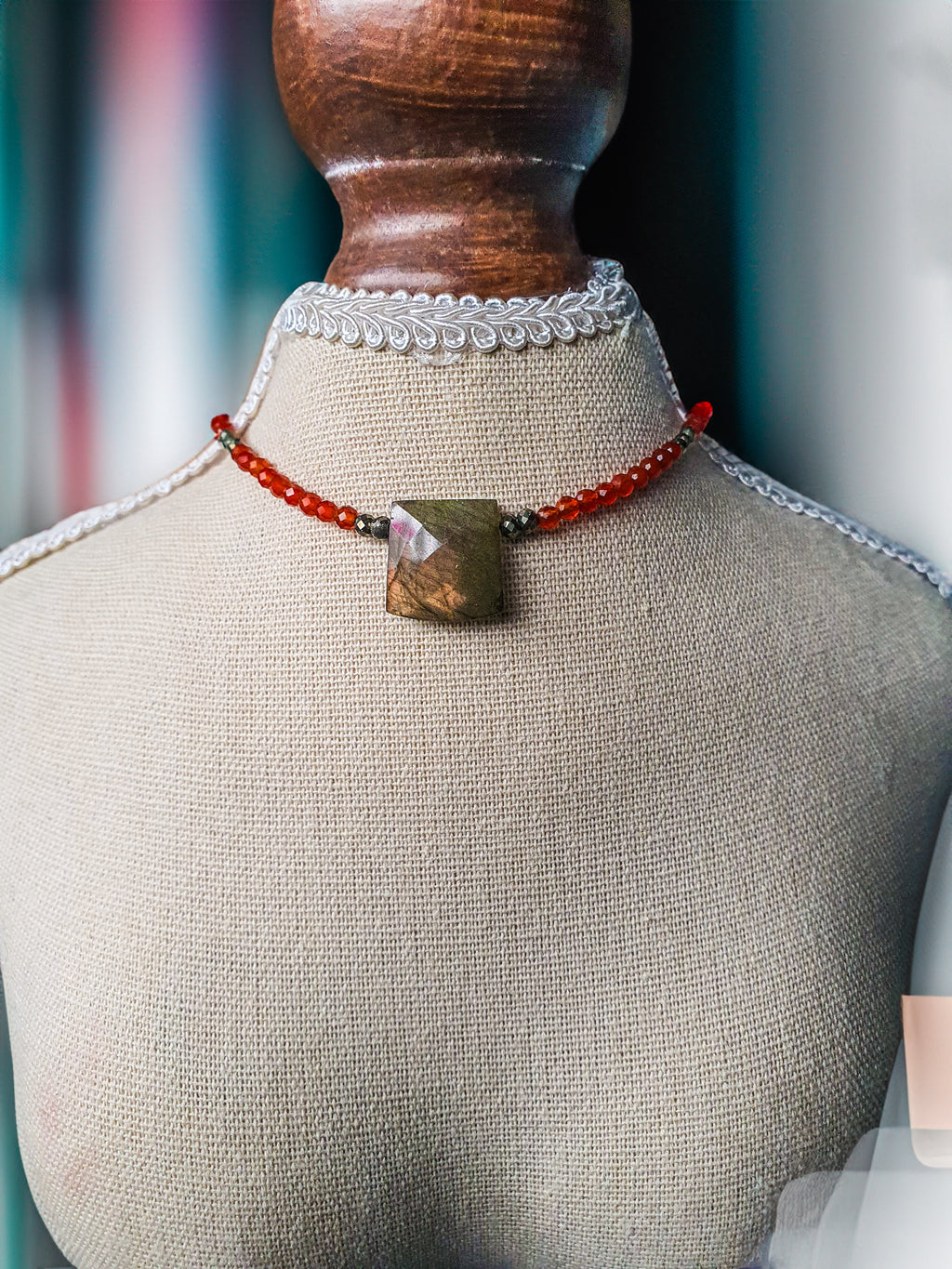 Pink-Gold Flash Labradorite Centrepiece Necklace with Carnelian, Pyrite & Hamsa Charm