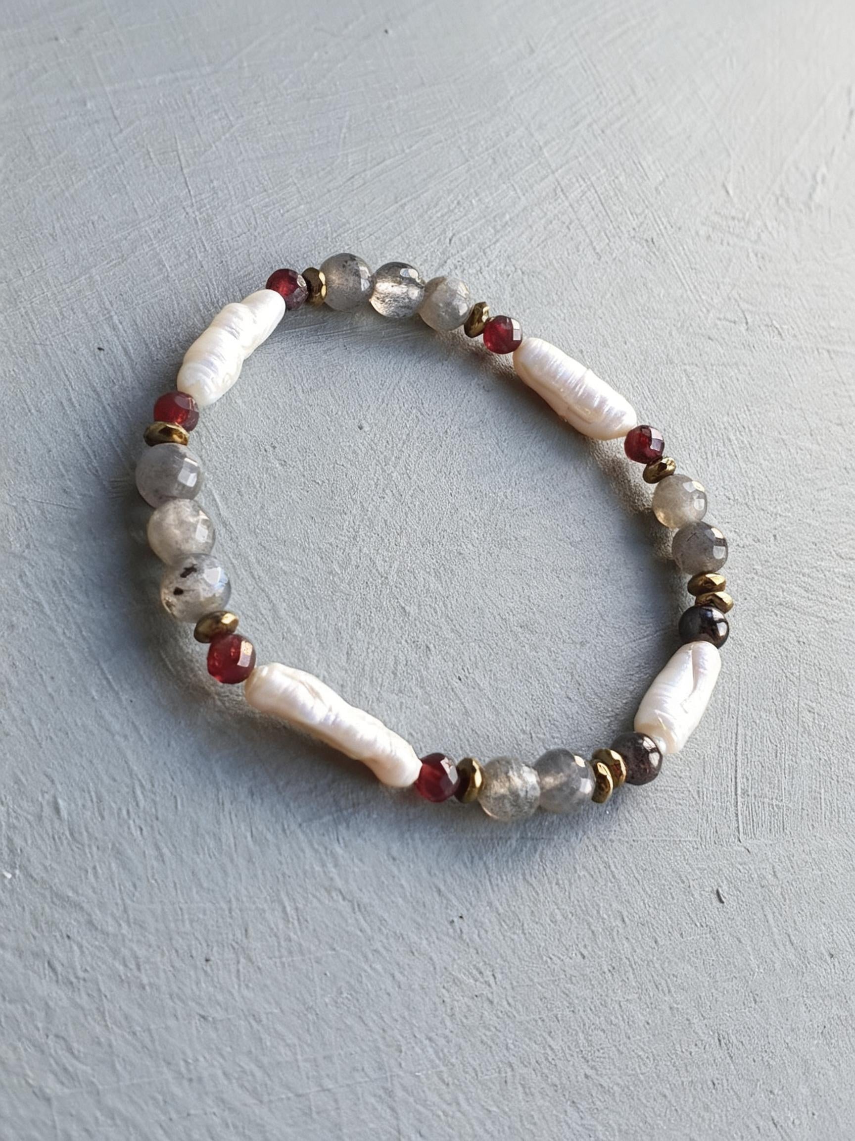Labradorite Garnet Pyrite Freshwater Pearl Beaded Stretch Bracelet
