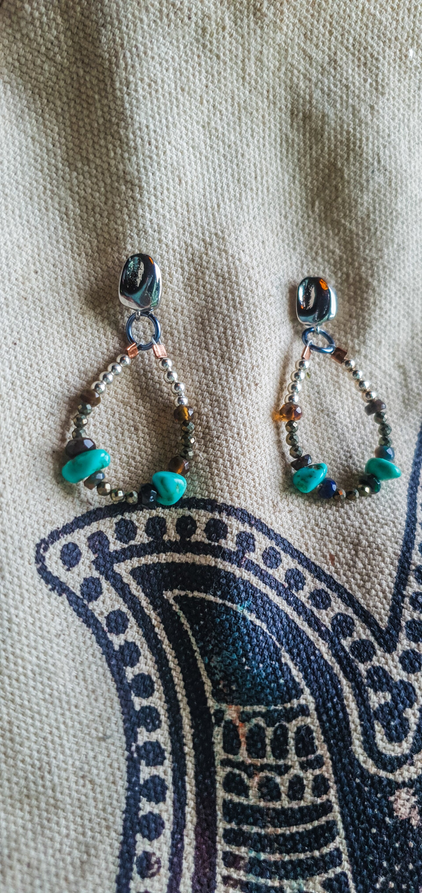 Turquoise, Black Opal & Pyrite Hoop Earrings