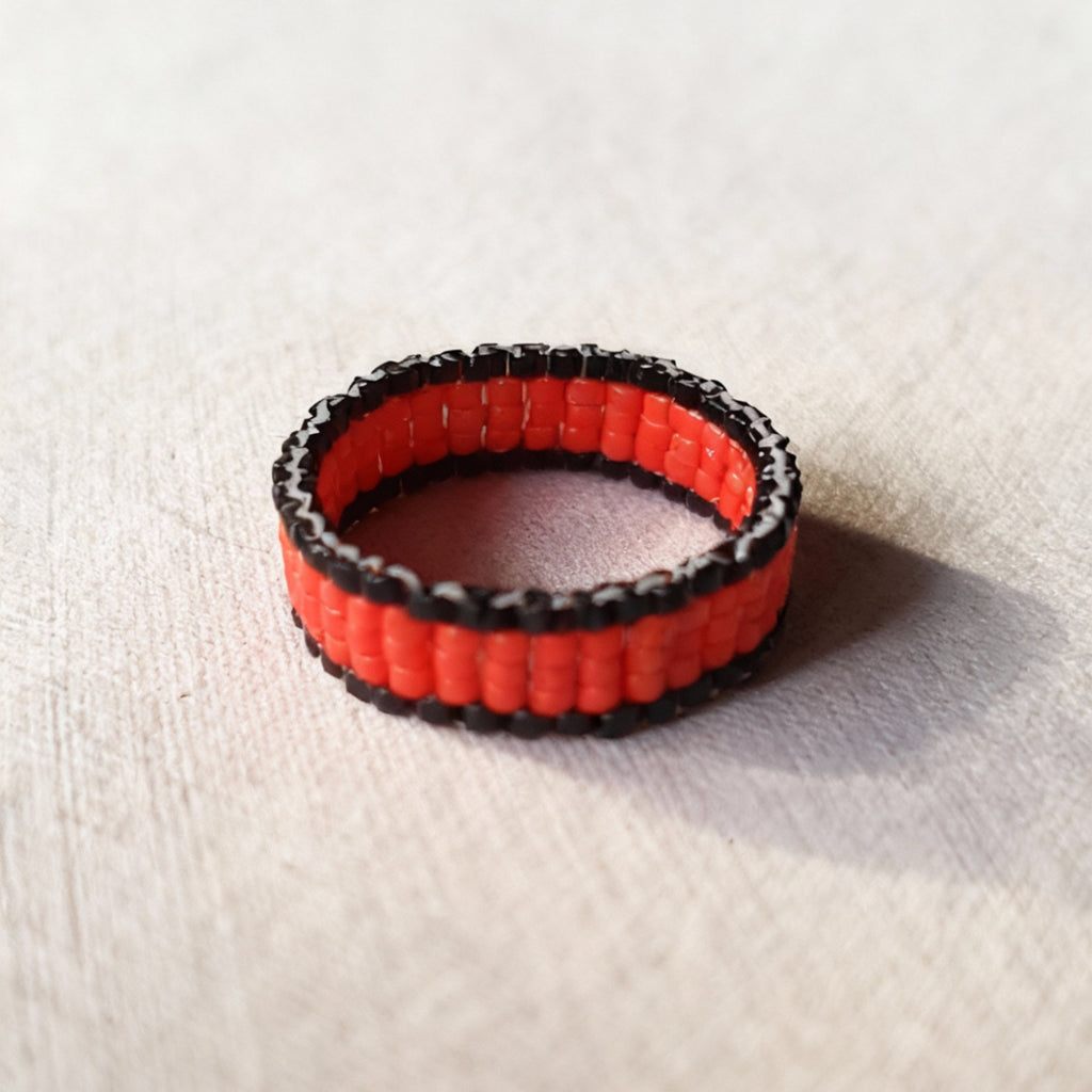 Fire Red & Black Beaded Ring