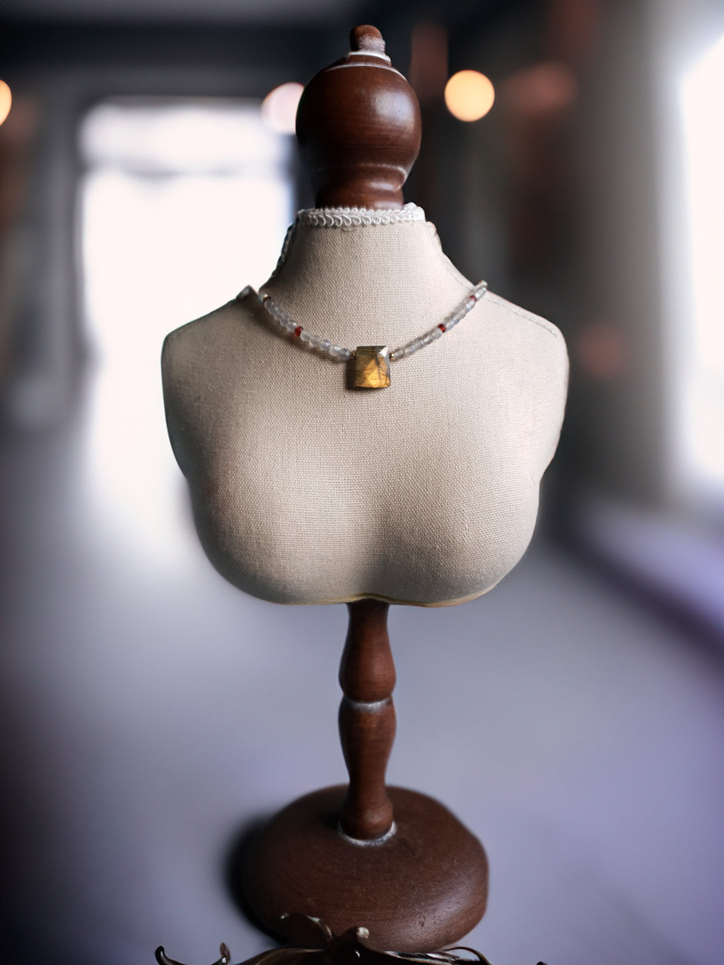 Golden Flash Labradorite Centrepiece Necklace with Labradorite, Garnet & Evil Eye Charm