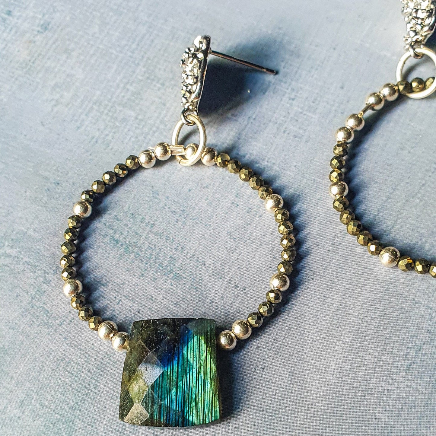 Asymmetrical Silver, Pyrite & Labradorite hoop earings