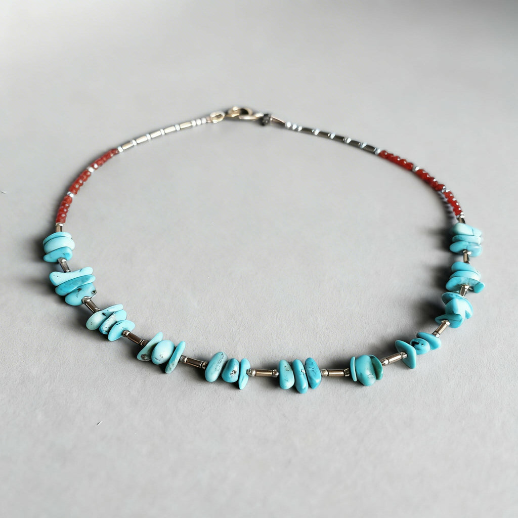 Turquoise Nugget, Carnelian & Hematite Gemstone Necklace