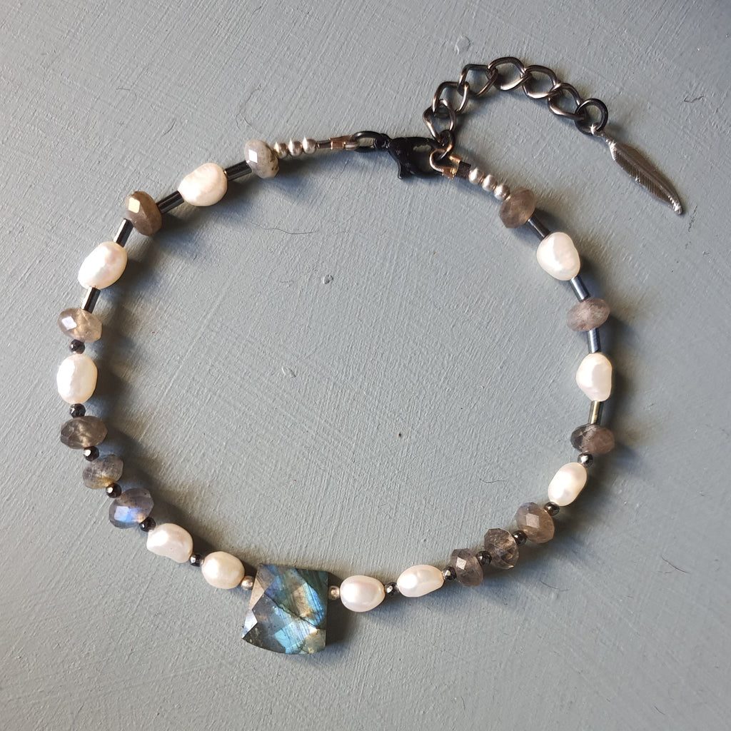 Labradorite, Freshwater Pearl & Black Spinel Gemstone Anklet