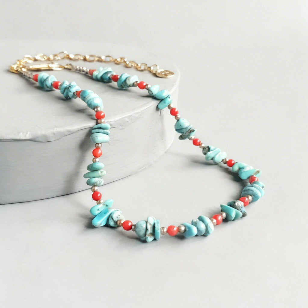 Turquoise Nugget & Red Coral Gemstone Necklace
