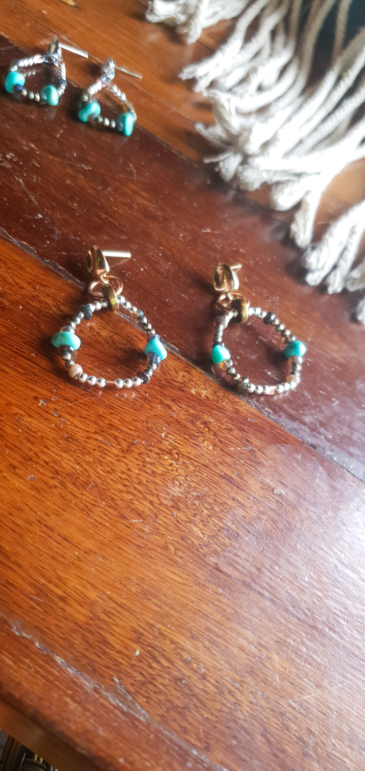 Turquoise, Opal, Pyrite & Silver beaded Hoop Earrings