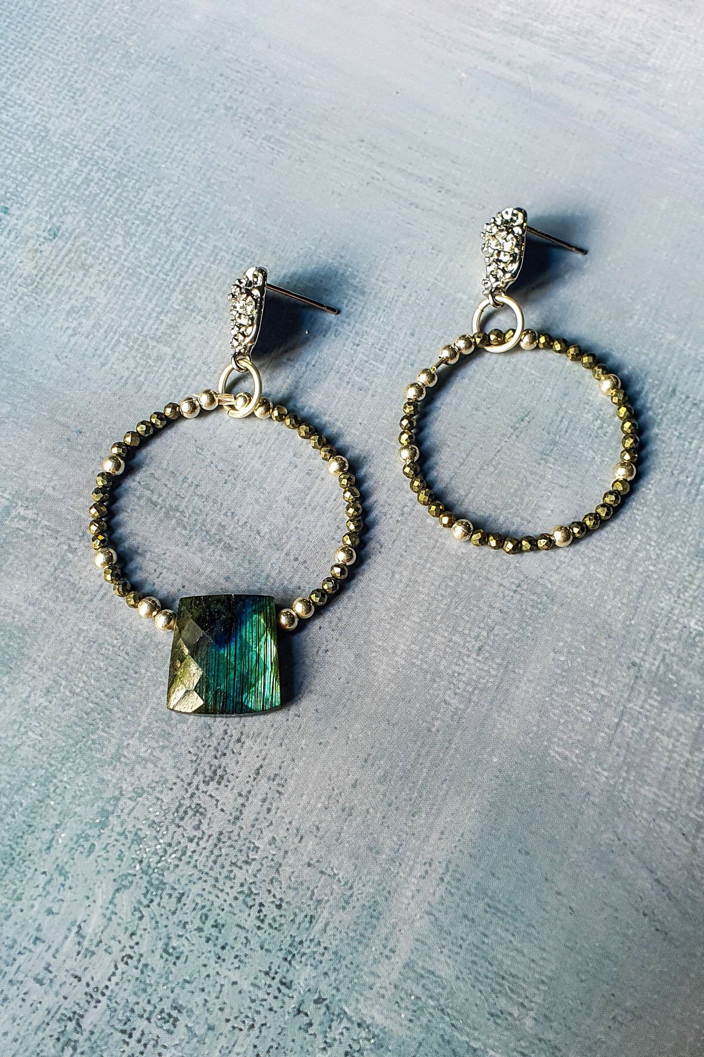 Asymmetrical Silver, Pyrite & Labradorite hoop earings