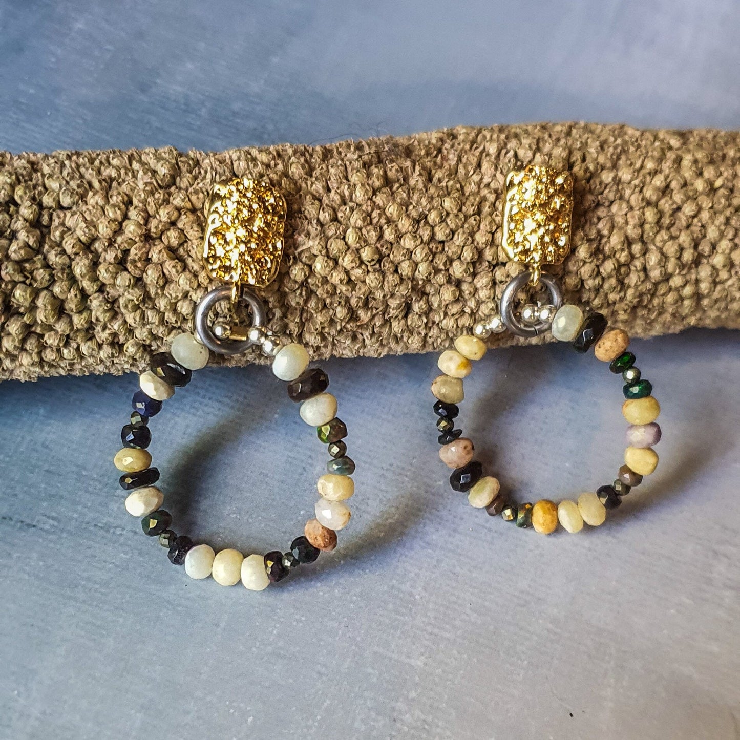 Opal, Pyrite & Silver beaded Hoop Earrings