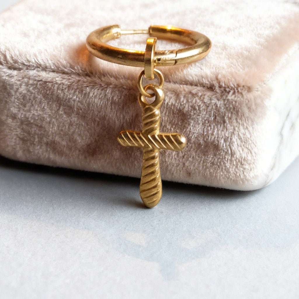 Gold Cross Charm Large Hoop Huggie