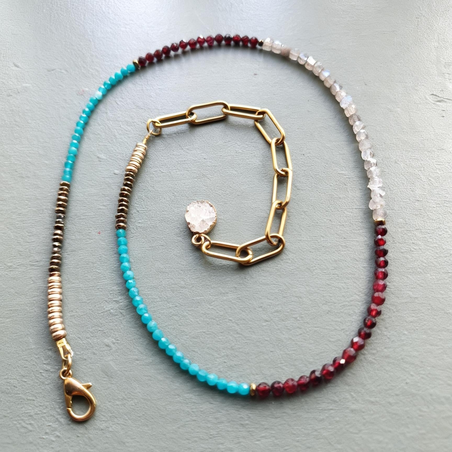 Neon Apatite, Labradorite & Garnet Gemstone Necklace Longline