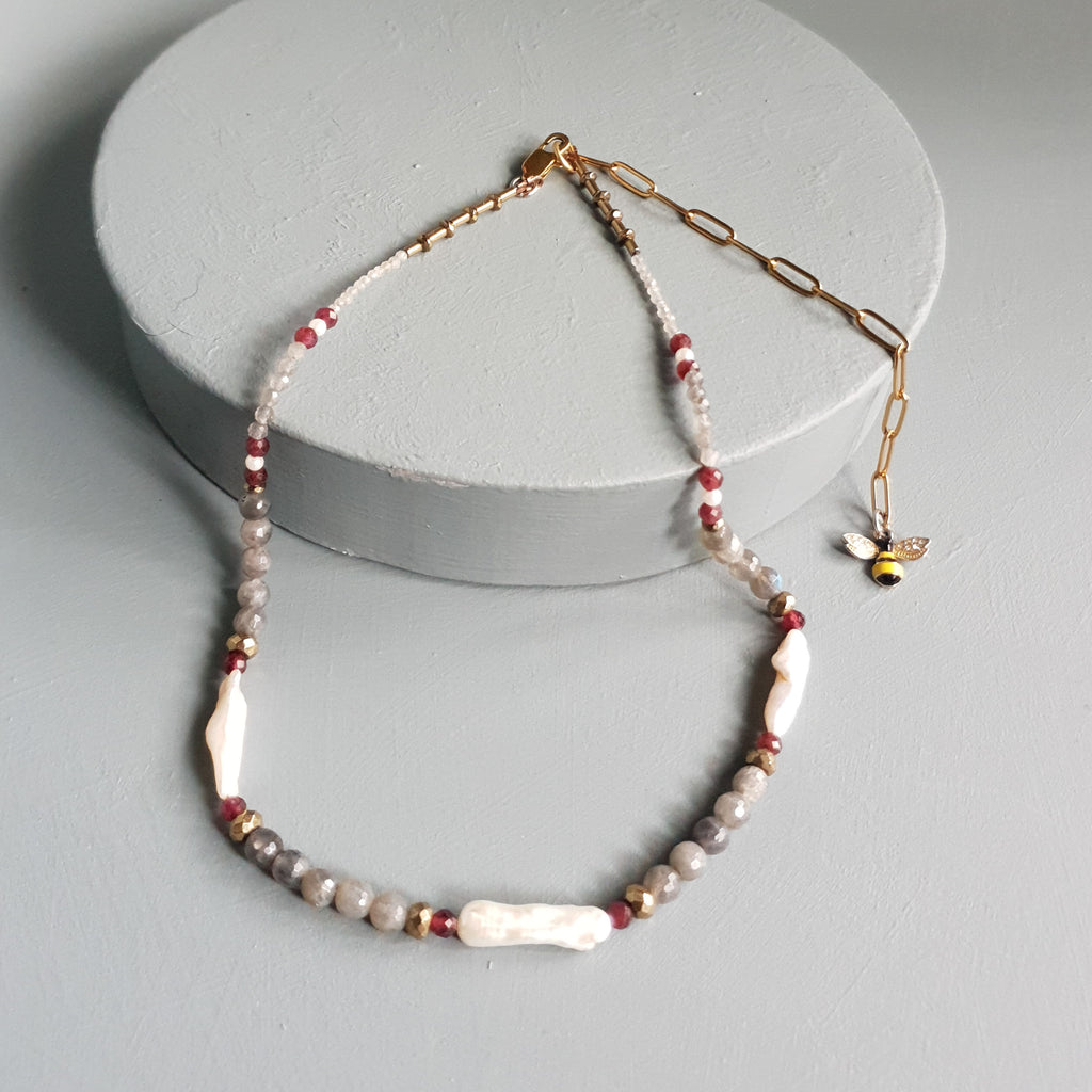 Labradorite, Garnet & Freshwater Pearl Gemstone Necklace – Extended Princess Length