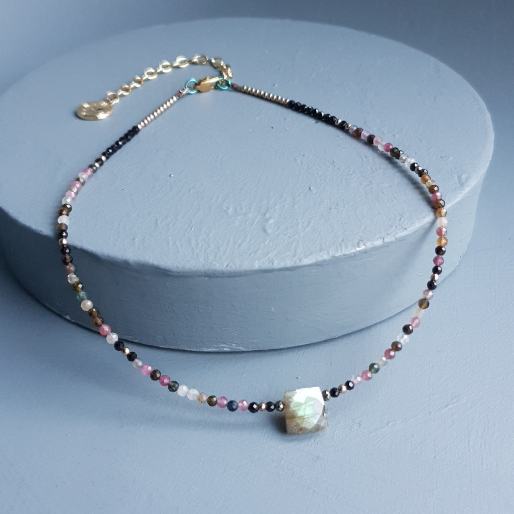 Golden Flash Labradorite Cuboid & Mixed Tourmaline Gemstone Necklace