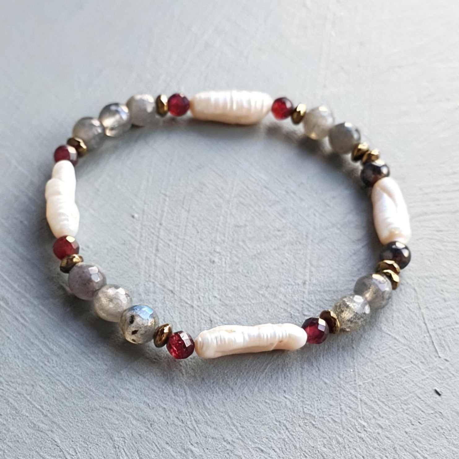 Labradorite Garnet Pyrite Freshwater Pearl Beaded Stretch Bracelet