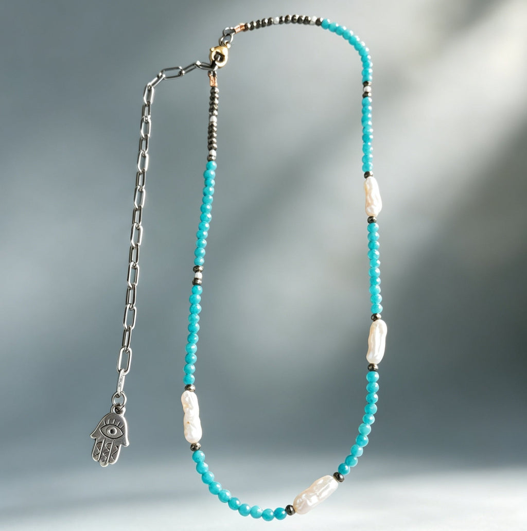 Neon Apatite, Pyrite & Freshwater Pearl Necklace