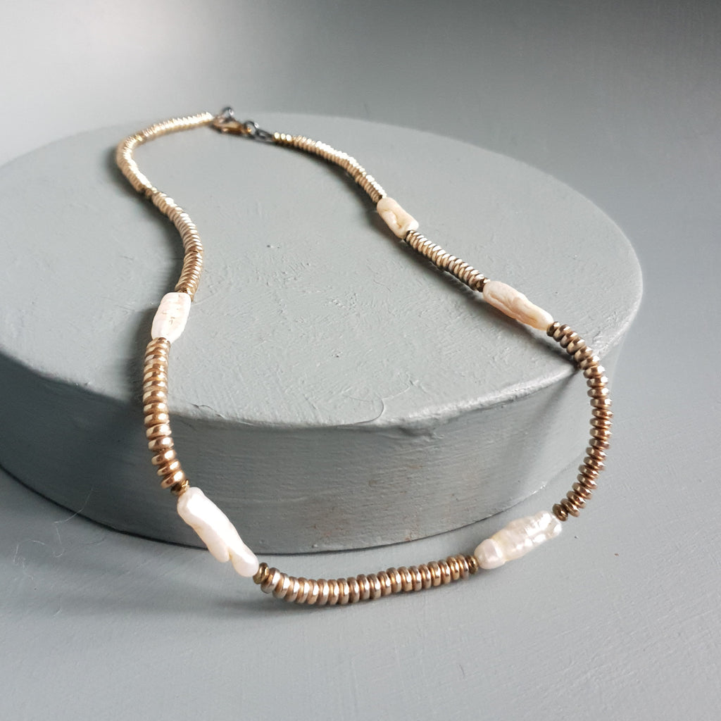 Metallic Hematite, Pyrite & Freshwater Pearl Statement Necklace