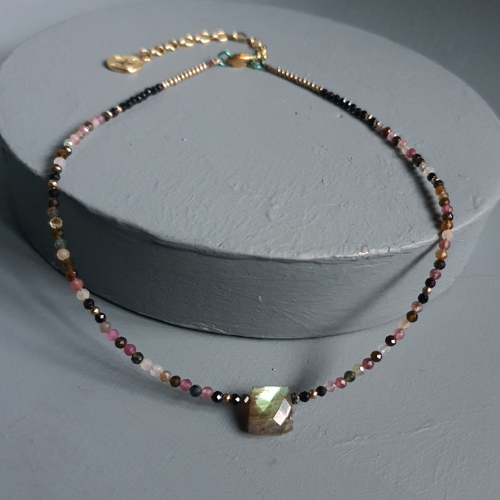 Golden Flash Labradorite Cuboid & Mixed Tourmaline Gemstone Necklace