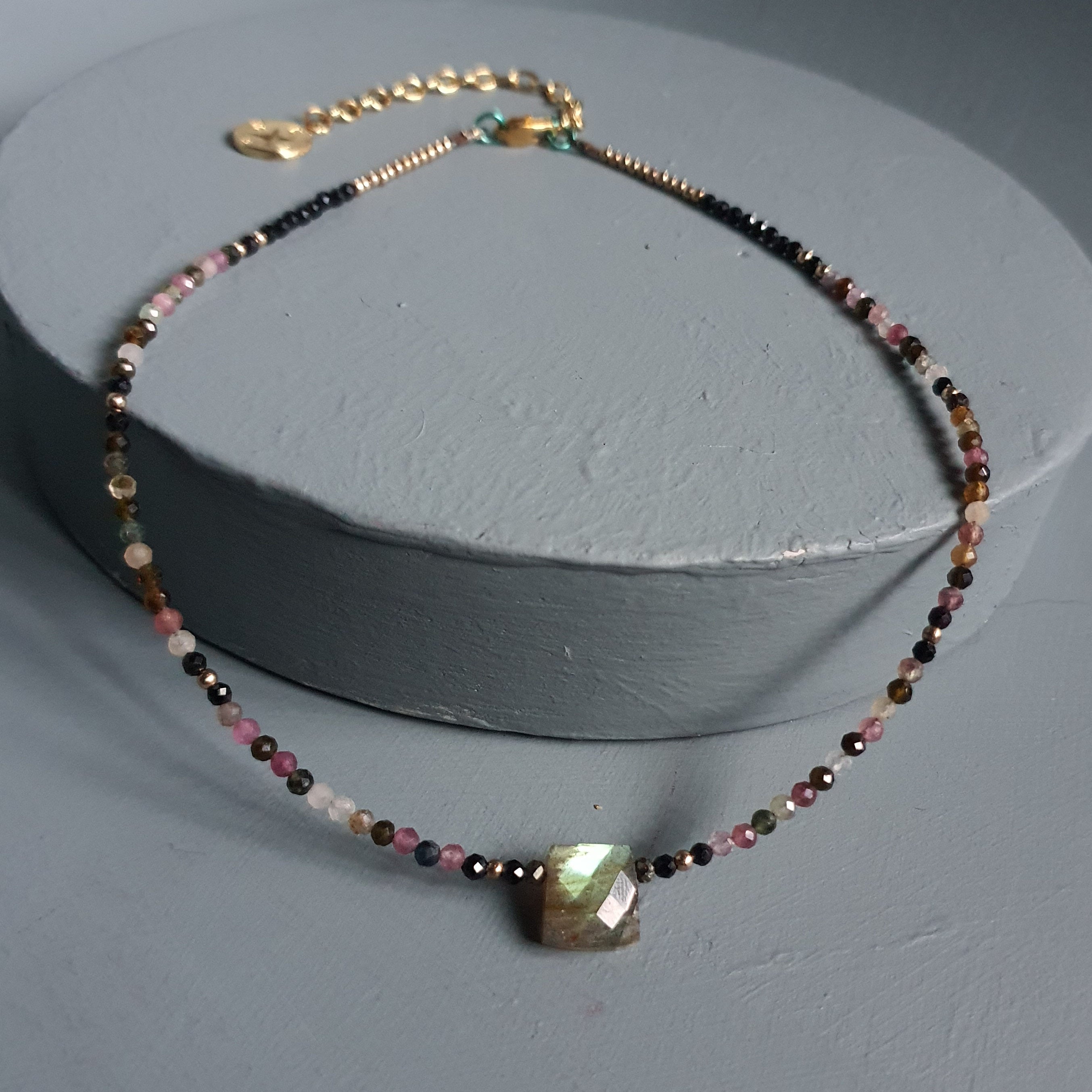 Golden Flash Labradorite Cuboid & Mixed Tourmaline Gemstone Necklace