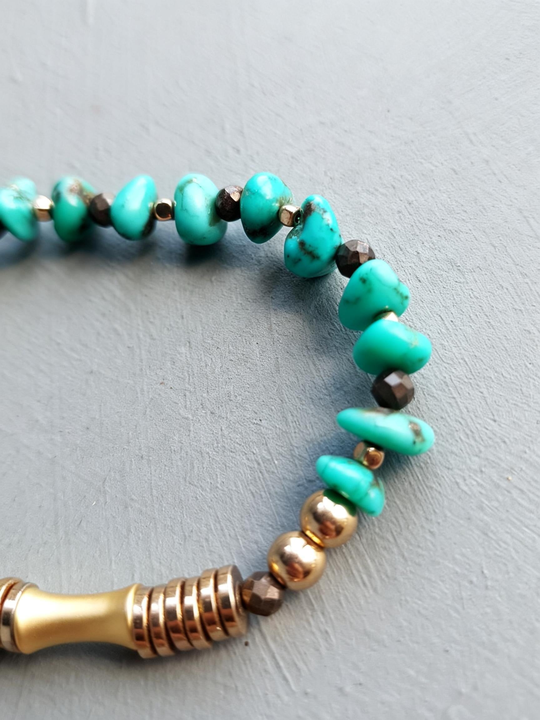 Turquoise Nugget Pyrite Gold Hematite Beaded Stretch Bracelet