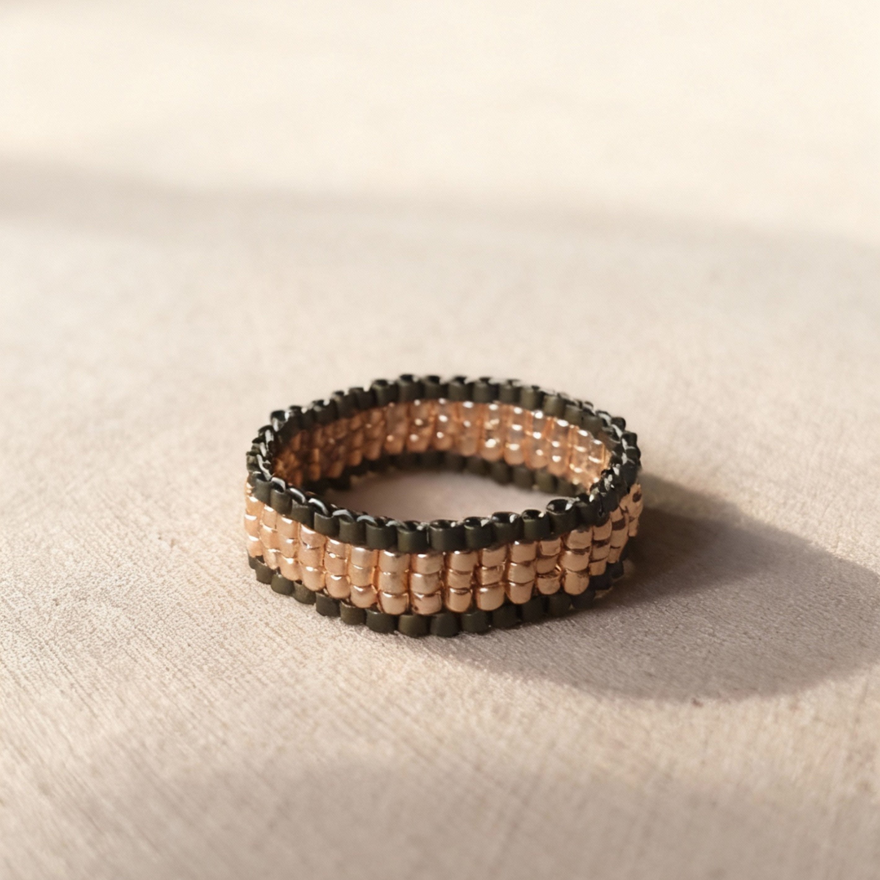 Rose Gold & Deep Olive Beaded Ring